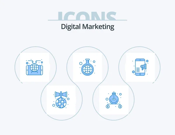 Дизайн Digital Marketing Blue Icon Pack Маркетинг Глобус Рекламу Тест — стоковый вектор