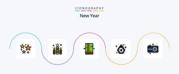 New Year Line Filled Flat Icon Pack Including Photography Camera — Stock Vector