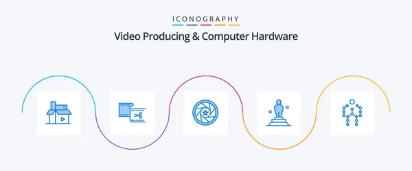 Produção Vídeo Hardware Computador Azul Icon Pack Incluindo Oscar Academia — Vetor de Stock