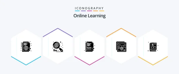 Online Learning Glyph Ikon Pack Inklusive Bok Utbildning Txt Lärande — Stock vektor