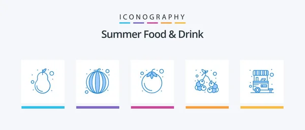 Summer Food Drink Blue Icon Pack Including Food Stall Wine — Stock Vector