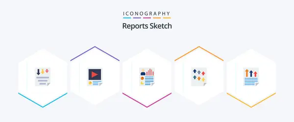 Reports Sketch Flat Icon Pack Including Page Data Playback User — 图库矢量图片
