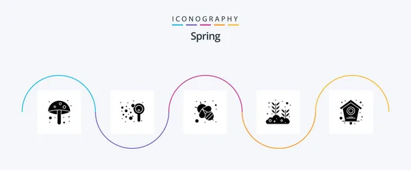 Spring Glyph Icon Pack Včetně Domova Pták Včela Pěstuje Semena — Stockový vektor