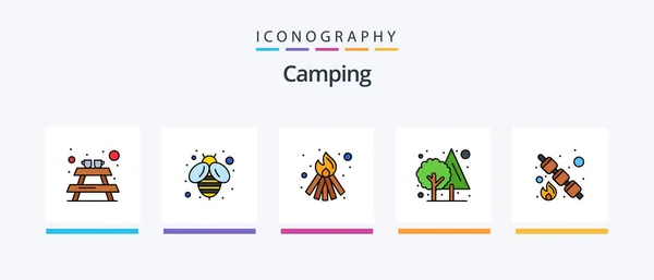 Camping Line Filled Icon Pack Inklusive Karte Flagge Zeigen Draußen — Stockvektor