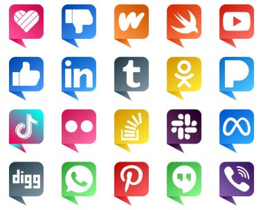 Chat bubble style Social Media Icon Set 20 icons such as video. tiktok. like. pandora and tumblr icons. Elegant and minimalist