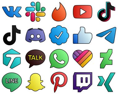 20 Innovative Social Media Icons telegram. like. china. twitter verified badge and text Filled Line Style Icon Set