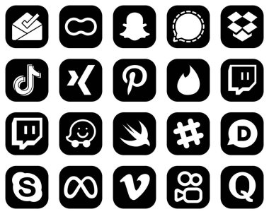 20 Versatile White Social Media Icons on Black Background such as twitch. pinterest. dropbox. xing and china icons. Eye-catching and high-definition