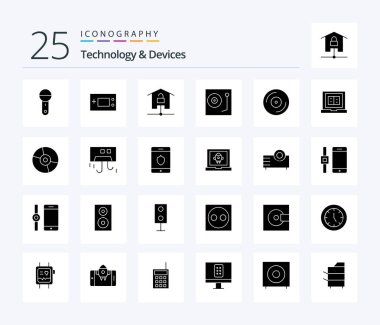 Devices 25 Solid Glyph icon pack including music. devices. products. technology. kit
