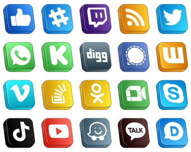 20 High Resolution Isometric 3D Social Media Icons such as video. wattpad. whatsapp and signal icons. Creative and professional