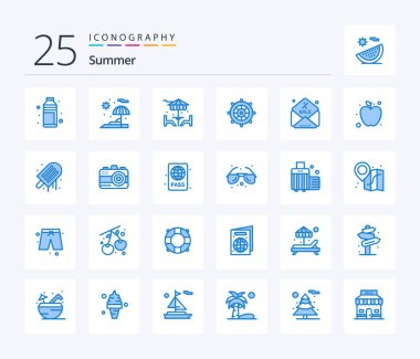Summer 25 Blue Color icon pack including discount. steering. vacation. holiday. furniture