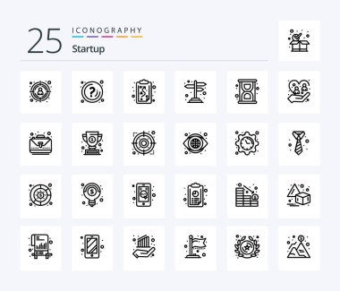 Startup 25 Line icon pack including loading. cross road. clipboard. sign. direction
