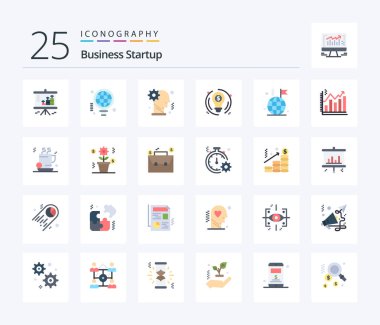 Business Startup 25 Flat Color icon pack including dollar. business. idea. bulb. mechanism