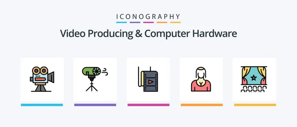 Video Producing Computer Hardware Line Filled Icon Pack Including Movie — Stockvektor