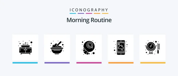Morning Routine Glyph Icon Pack Including Beauty Service Breakfast Report — ストックベクタ