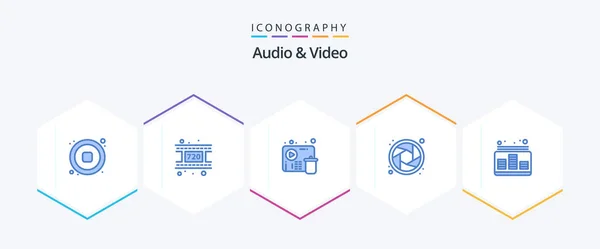 Audio Video Blue Icon Pack Inclusiv Muzică Control Eşuează Audio — Vector de stoc