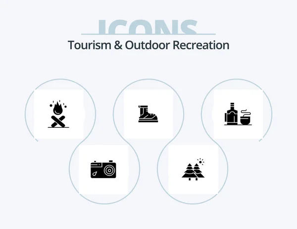 Tourism And Outdoor Recreation Glyph Icon Pack 5 Icon Design. tea. track. bonfire. hiking. boots