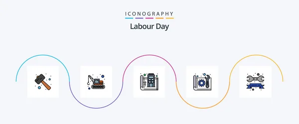 Labour Day Line Filled Flat Icon Pack Including Plan Construction — Vector de stoc