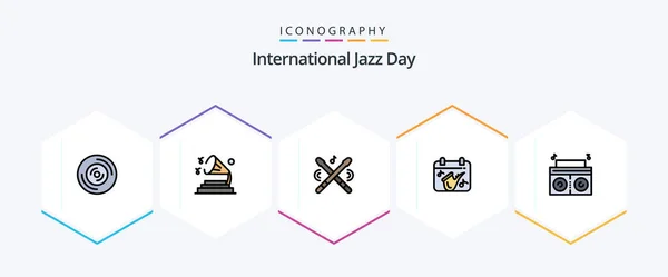 国际爵士音乐日25号线图标包 包括球员 萨克斯风 鼓声玩 — 图库矢量图片