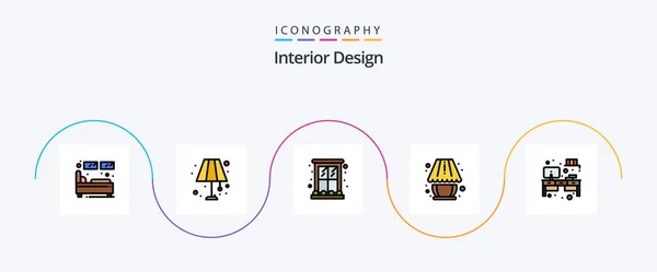 Interieur Design Lijn Filled Flat Icon Pack Inclusief Verlichting Lamp — Stockvector