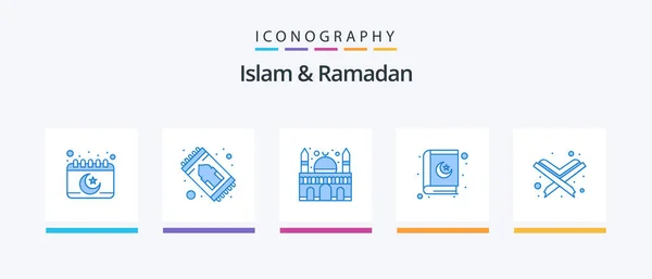 Islam Ramadan Blue Icon Pack Including Quran Islam Prayer Time — Stockvector
