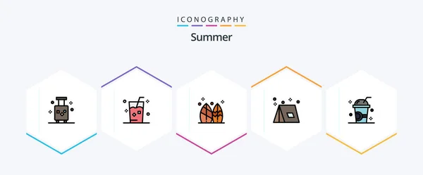 Paquete Iconos Summer Filledline Incluido Verano Campamento Jugo Tabla Surf — Archivo Imágenes Vectoriales