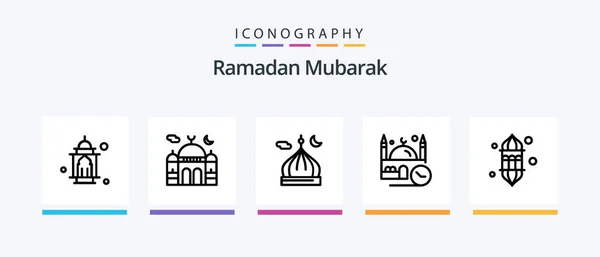 Ramadan Line Icon Pack Mit Teppich Teppich Muslime Beten Islam — Stockvektor
