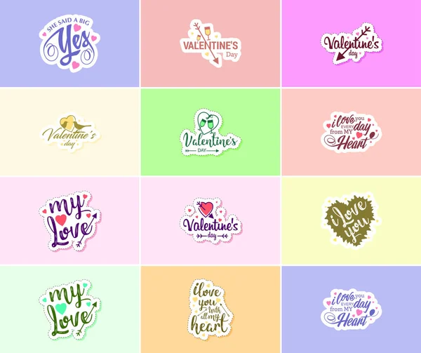 Love Lettering Stickers Most Romantic Day Year — 图库矢量图片