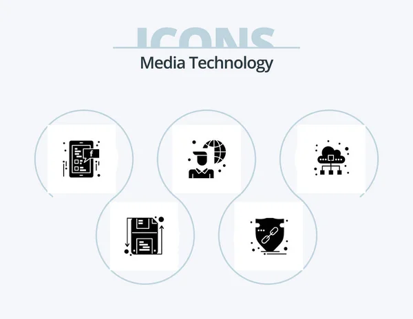 Medientechnologie Glyph Icon Pack Icon Design Wolke Laptop Schild Internetanbindung — Stockvektor