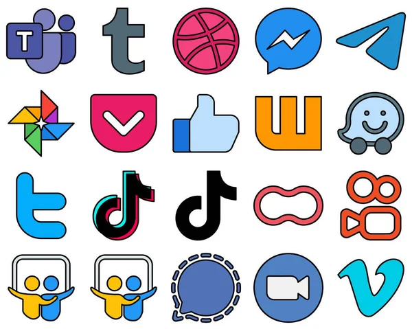 Fully Editable Line Filled Social Media Icons Tweet Waze Messenger — Vettoriale Stock