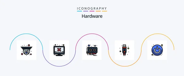 Hardware Line Filled Flat Icon Pack Including Power Button Card — 图库矢量图片