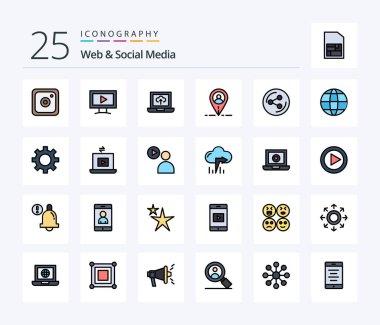 Web And Social Media 25 Line Filled icon pack including internet. world. arrow. social. share
