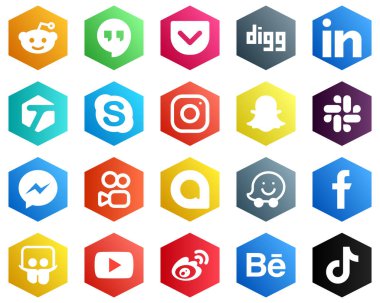 Hexagon Flat Color White Icon Set such as kuaishou. facebook. chat. messenger and snapchat icons. 25 Elegant Icons