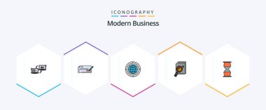 Modern Business 25 FilledLine icon pack including world. connection. bank check. communication. globe