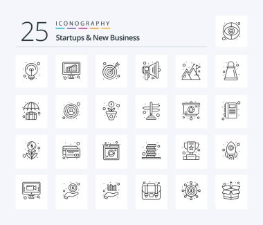 Startups And New Business 25 Line icon pack including path. mountain. goal. flag. speaker