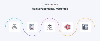 Web Development And Web Studio Line Filled Flat 5 Icon Pack Including lifebuoy. help. listing. service. hammer