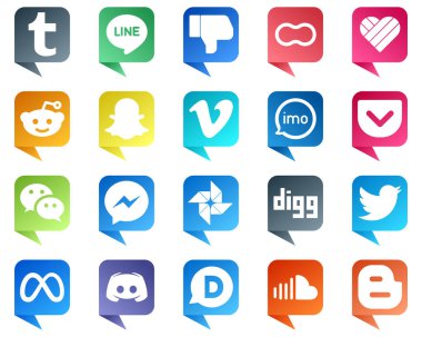 Chat bubble style Social Media Brand Icon Set 20 icons such as wechat. reddit. video and imo icons. High resolution and editable