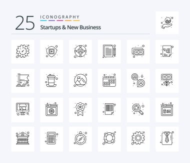 Startups And New Business 25 Line icon pack including banknote. project. insurance. planning. production