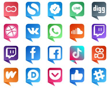 Chat bubble style Icons for Popular Social Media 20 pack such as tiktok. fb. vk. facebook and music icons. High definition and unique