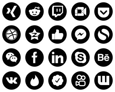 20 High-Quality White Social Media Icons on Black Background such as wechat. fb. qzone. facebook and facebook icons. Customizable and unique