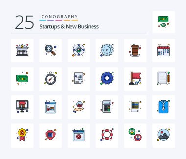 Startups And New Business 25 Line Filled icon pack including cup. coffee. modern. break. gear