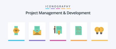 Project Management And Development Flat 5 Icon Pack Including financial. business. video player. spreadsheet. documents. Creative Icons Design