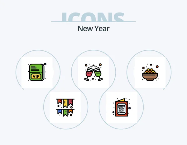 New Year Line Filled Icon Pack Σχεδίαση Εικονιδίων Φαγητό Ώρα — Διανυσματικό Αρχείο