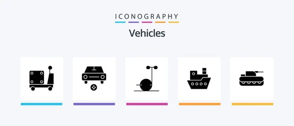 Vehicles Glyph Icon Pack Including Panzer Cannon Motor Vessel Steamboat — Archivo Imágenes Vectoriales