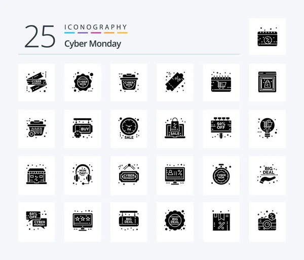 Cyber Monday Solid Glyph Icon Pack Including Cyber Calendar Basket — Stock Vector