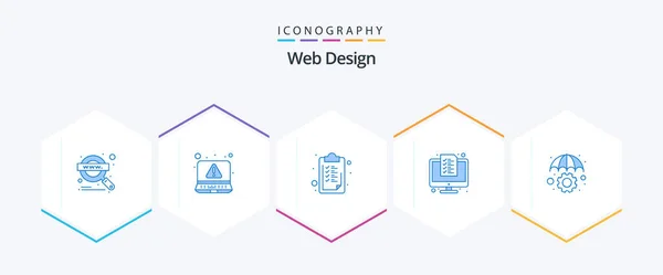 Diseño Web Paquete Icono Azul Incluyendo Paraguas Seguro Lista Tecnología — Vector de stock