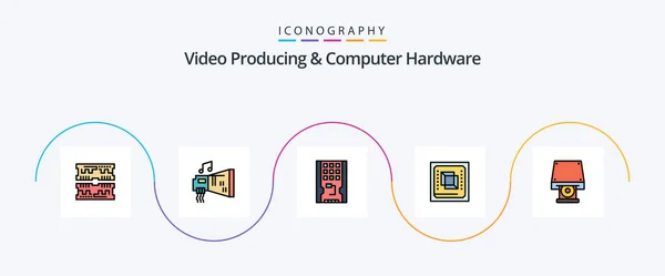 视频制作和计算机硬件线填充平面5图标包 包括硬件 — 图库矢量图片