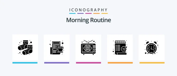 Morning Routine Glyph Icon Pack Including Alarm Clock Television Mark — Image vectorielle