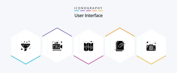 User Interface Glyph Icon Pack Including Photography Map Camera File — Stok Vektör
