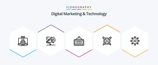 Digital Marketing Technology Line Icon Pack Including Submission Digital Open — Stock Vector