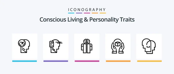 Concious Living Personality Traits Line Icon Pack Incluindo Percepção Sentir — Vetor de Stock